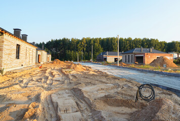 Villa construction. Prefab house under construction. Suburb house Construction. Prefabricated home...