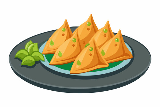 samosas on plate, orange food, green garnish clip art preview