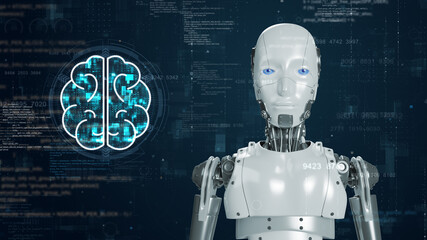 A robot against a high-tech digital background and a glowing robot icon and binary code with...