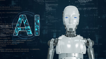 A robot against a high-tech digital background and a glowing robot icon and binary code with artificial intelligence (AI) and robotics and highlighting futuristic technology