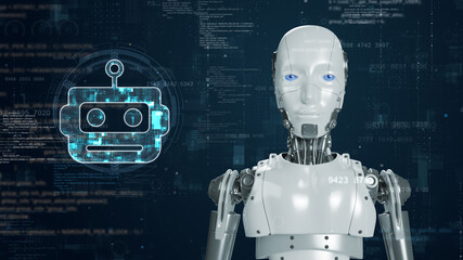 A robot against a high-tech digital background and a glowing robot icon and binary code with artificial intelligence (AI) and robotics and highlighting futuristic technology