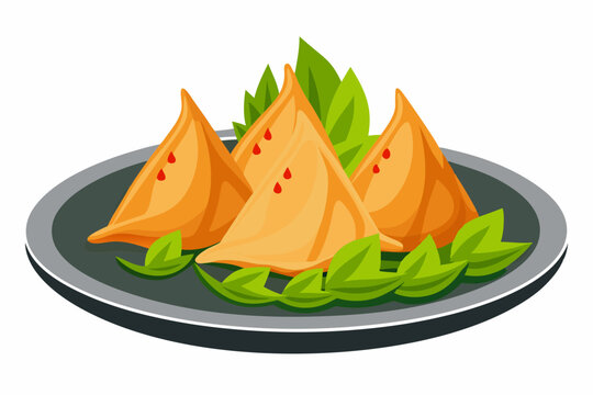 samosas on plate, orange food, green leaves clip art preview
