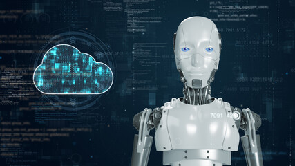 A robot against a high-tech digital background and a glowing robot icon and binary code with artificial intelligence (AI) with cloud computing and big data storage concepts