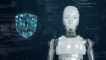 A robot against a high-tech digital background and a glowing robot icon and binary code with artificial intelligence (AI) with security technology and firewall concepts