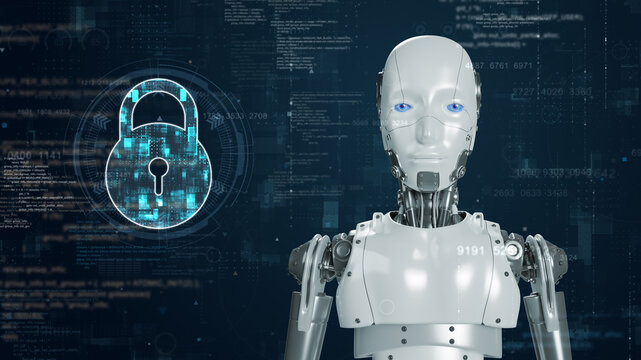 A robot against a high-tech digital background and a glowing robot icon and binary code with artificial intelligence (AI) with security technology and firewall concepts