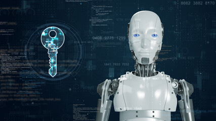 A robot against a high-tech digital background and a glowing robot icon and binary code with artificial intelligence (AI) with security technology and firewall concepts