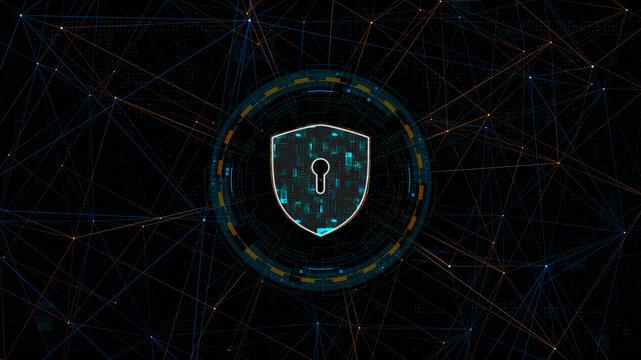 Blue digital security shield logo with circle futuristic HUD elements and orange line connection with network firewall technology and data secure concepts abstract background