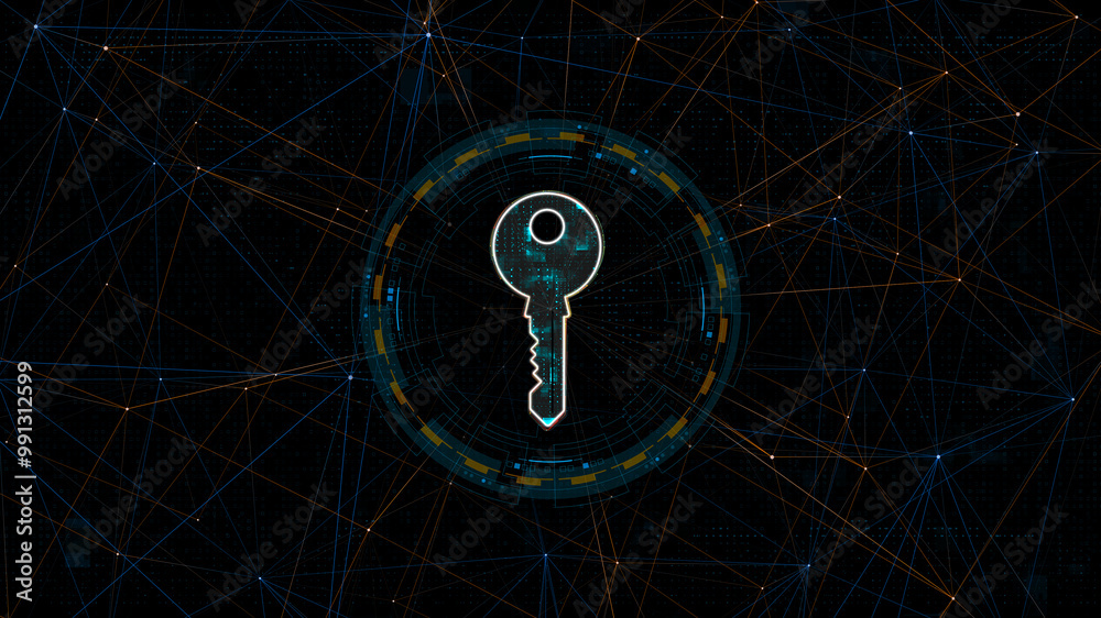 Fototapete blue digital security key logo with circle futuristic hud elements and orange line connection with n