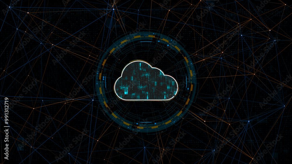 Poster blue digital cloud computing logo with circle futuristic hud elements and orange line connection wit