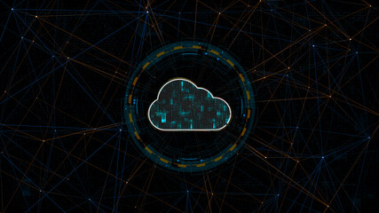 Blue digital cloud computing logo with circle futuristic HUD elements and orange line connection with storage big data backup technology concepts abstract background