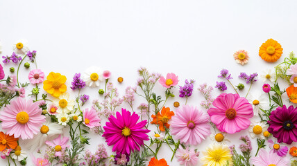 Obraz premium Colorful Wildflowers Arranged on White Background,showcasing nature's diversity and elegance. Perfect for floral themes, spring designs, and botanical inspirations