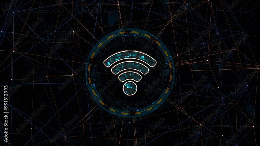 Poster blue digital wifi logo with circle futuristic hud elements and orange line connection with wireless 