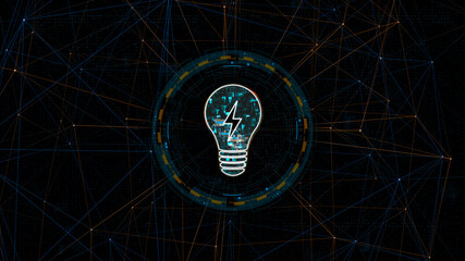 Blue digital light lamp logo with circle futuristic HUD elements and orange line connection with lightbulb and ideas concept on abstract background