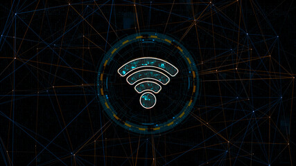 Blue digital WIFI logo with circle futuristic HUD elements and orange line connection with Wireless Fidelity connection concepts on abstract background
