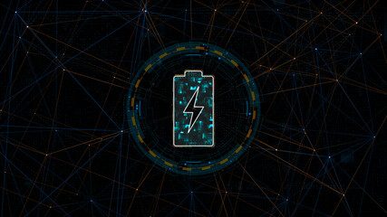 Blue digital battery logo with circle futuristic HUD elements and orange line connection with power reserve concepts on abstract background