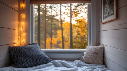 Fototapeta premium A snug room adorned with string lights features a bed beside the window, showcasing the stunning fall forest while candles and books create a warm atmosphere