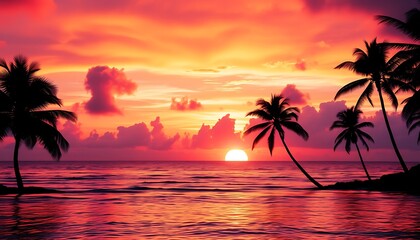 A breathtaking tropical sunset scene unfolds with vibrant hues of orange, pink, and purple engulfing the sky as the sun dips below the horizon, casting a warm glow over the serene ocean. 