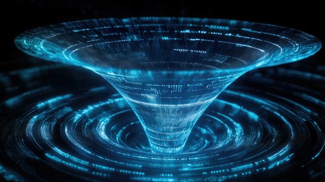 A conceptual digital funnel with incoming data streams, signifying data collection, processing, and conversion into insights.