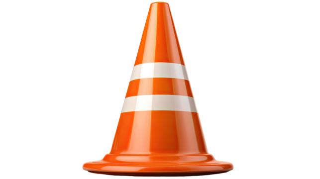 A bright orange traffic cone isolated on a white background, symbolizing caution and safety on the road - Powered by Adobe