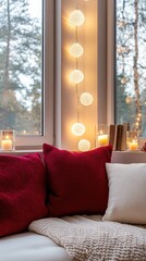 Fototapeta premium A snug room adorned with string lights features a bed beside the window, showcasing the stunning fall forest while candles and books create a warm atmosphere