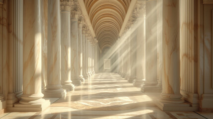 The bright sun is shining beautifully through the elegant columns of an ancient, historic building, creating fascinating patterns