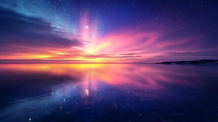 A lake reflecting a vibrant, aurora-lit sky that extends to the distant horizon