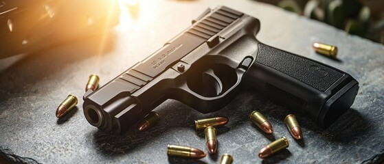 A sleek black pistol rests on a stone surface, surrounded by shiny bullets, highlighting its modern design and functionality.