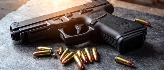 A close-up of a black handgun with spent bullets on a textured surface, capturing the essence of firearms and ammunition.