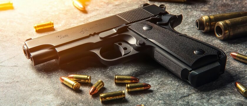 A close-up view of a black pistol and bullets on a textured surface, showcasing weapon details and ammunition shine.