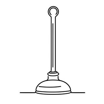 recommend clip art: A plunger is shown in a black and white drawing. The plunger is the main focus of the image, and it is positioned upright on a surface. The drawing has a simple and straightforward style