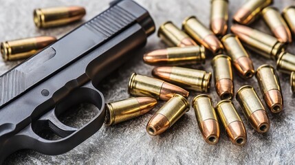A close-up of a handgun and scattered bullets on a textured surface showcasing firearm details and ammunition clarity.