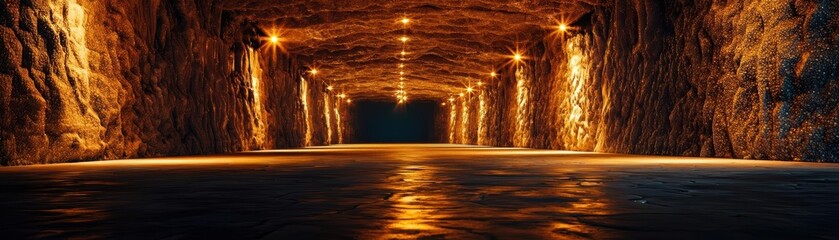 Underground cave with illuminated walls and water reflection, dramatic ambiance.