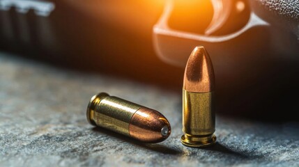 Close-up of two bullets on a textured surface with a blurred handgun in the background, showcasing intricate details of ammunition.