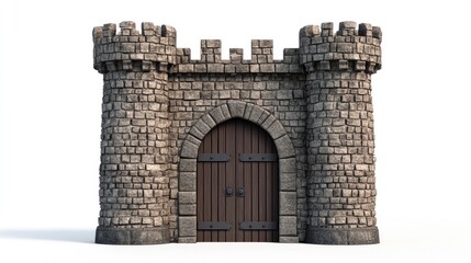 Stone Castle Wall with Door: 3D Illustration on White Background