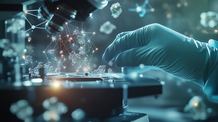 Obraz premium A researcher gloved hand examining stem cells under a microscope, with scientific diagrams and molecular structures in view.