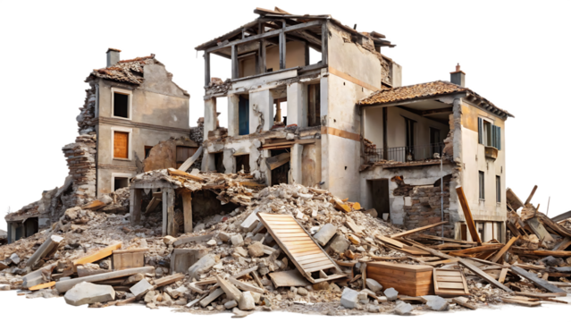 Destroyed buildings after earthquake isolated on white background.