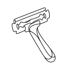 A razor blade is shown in a black and white drawing. The razor is held by a handle and has a blade on the end. The image is simple and straightforward, with no additional details or colors