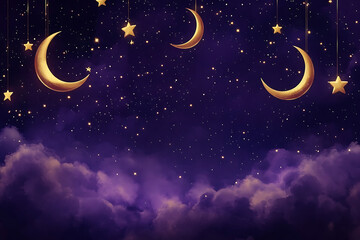 Naklejka premium Eid background with crescent moons and stars in gold against a deep blue sky