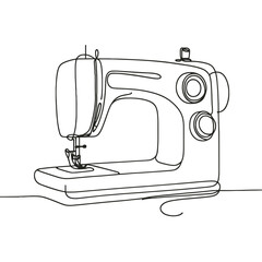 A sewing machine with a needle and thread. The machine is black and white. The image is a stylized drawing of a sewing machine