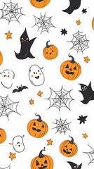 Hand-drawn cute Halloween Instagram Stories or phone wallpaper, vector illustration with a playful and whimsical style, featuring cute ghosts, pumpkins, black cats, witch hats, spider webs, stars, and