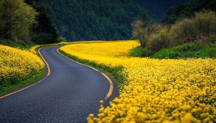 Naklejka premium Winding road through vibrant yellow flower fields under a clear blue sky.