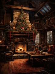 Cozy rustic living room with a festive Christmas tree and roaring fireplace.