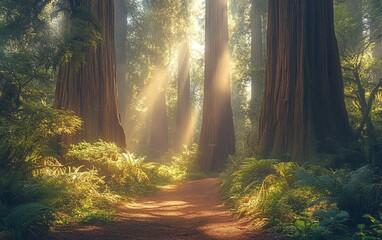 Naklejka premium A serene forest scene with towering trees and sunlight streaming through, creating a tranquil atmosphere.