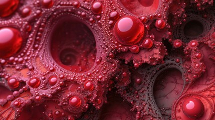 Intricate patterns of red droplets and textured surfaces in a mesmerizing abstract composition