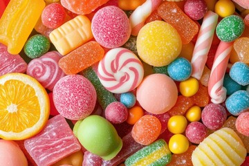 A close-up of a candy assortment with a mix of textures and vibrant colors