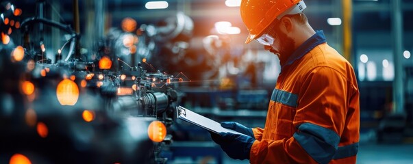 Worker in safety gear checks machinery in industrial environment.