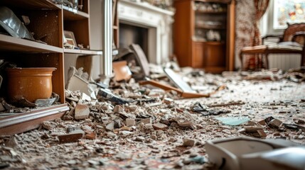 A close-up of household items fallen off shelves, with broken glass and debris scattered across the floor inside a house after an earthquake.