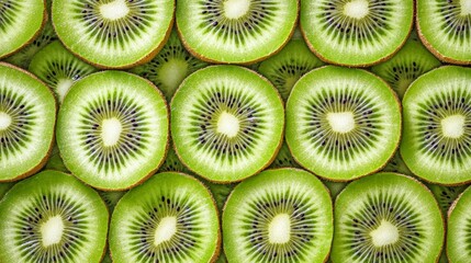 Top-down view of rows of green kiwi slices, the seeds forming intricate patterns across the frame