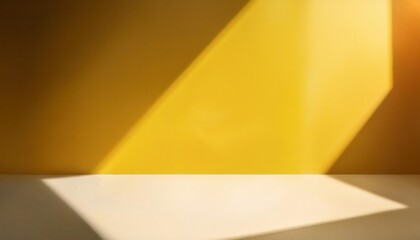 Golden Hour Sunlight Casting Diagonal Shadows on a Minimalist Yellow Wall, Illuminating a Smooth Beige Surface in Soft, Warm Tones. Abstract Composition of Light and Texture in a Serene Interior Space