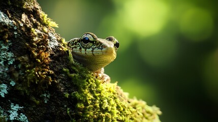 Close-Up of a Green and Black Frog on a Mossy Tree Trunk
